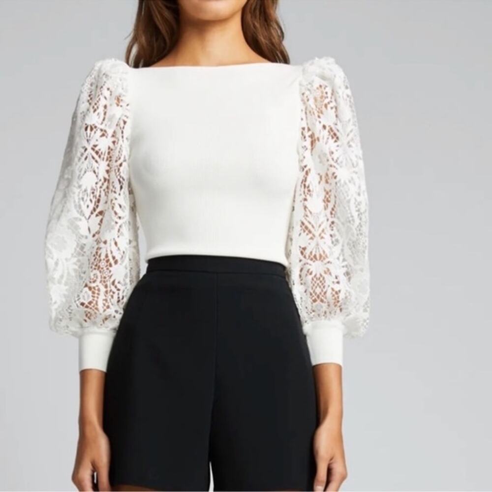 Alice + Olivia White Lace Sleeve Bateau Neck Fitted Sweater Top Small